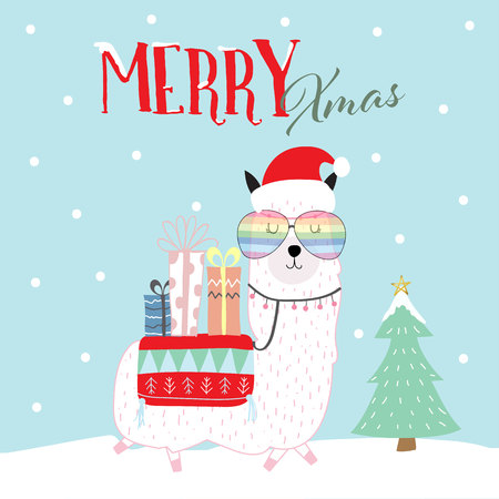 Pink hand drawn cute card with llama,heart glasses,snow,gift and christmas tree in merry christmasのイラスト素材