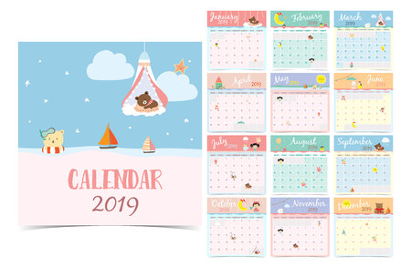 Cute monthly calendar 2019 with bear,girl,rabbit,monkey,sheep,star,cloud,moon and balloon.Can be used for web,banner,poster,label and printableのイラスト素材