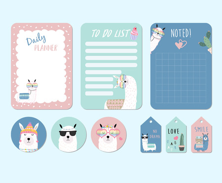 Printable and sticker with llama,alpaca,cactus,glasses,cake,heart in funny style. with wording llama not dramaのイラスト素材
