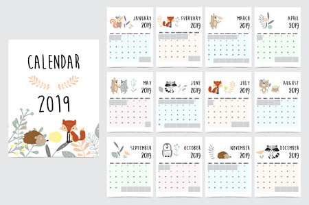 Chic monthly calendar 2019 with squirrel, fox, bear, skunk ,porcupine, penguin and wildのイラスト素材