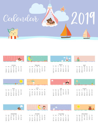 Cute monthly calendar 2019 with bear,girl,rabbit,monkey,sheep,star,cloud,moon and balloon.Can be used for web,banner,poster,label and printableのイラスト素材