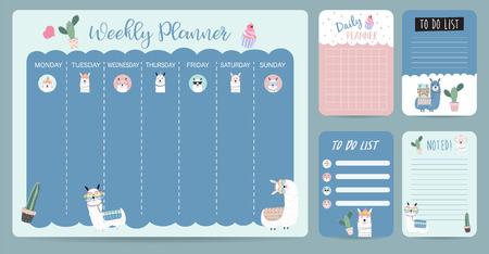 Pastel weekly calendar planner with llama,alpaca,cactus,glasses and cupcakeのイラスト素材