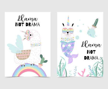 Blue pink hand drawn cute card with llama, glasses,cactus and rainbow in summer.No drama llama, Llama not dramaのイラスト素材