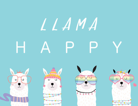 Blue violet hand drawn cute card with llama, glasses,cactus in summer.llama happyのイラスト素材