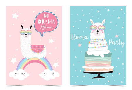 Blue pink hand drawn cute card with llama, star,glasses,cactus,balloon and rainbow.No drama llama in bubbleのイラスト素材