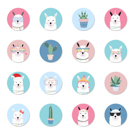 Green hand drawn cute element with llama,cactus and glasses in merry christmasのイラスト素材