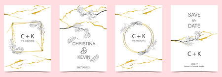 Geometry white,black,gold outline wedding invitation card with rose,leaf,wreath,feather drawing and frameのイラスト素材