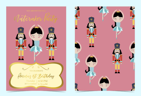 Pink blue birthday invitation with nutcracker,princess,ballet and soliderのイラスト素材