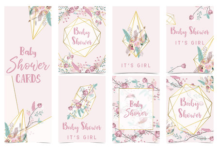 Geometry pink gold baby shower invitation card with rose,leaf,ribbon,wreath,feather and frameのイラスト素材