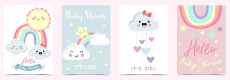 Colorful hand drawn cute card with rainbow,heart,cloud,sun and rain.Rainbow make me happyのイラスト素材