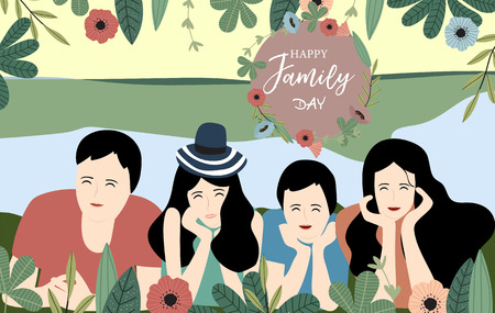 Ornage blue family postcard with women,man;children,flower and leafのイラスト素材