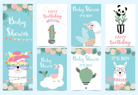 Blue pink hand drawn cute card with llama, star ,glasses,cactus and balloon.No drama llama,Llamazingのイラスト素材