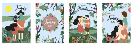 Ornage blue family postcard with women,man;children,flower and leaf