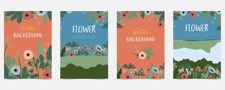 Blue,orange,green hand drawn summer postcard with flower and leafのイラスト素材