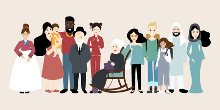 Colorful people family banner with woman, man and children are standing together