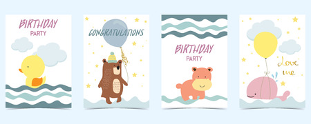pastel card with duck,bear,whaleのイラスト素材