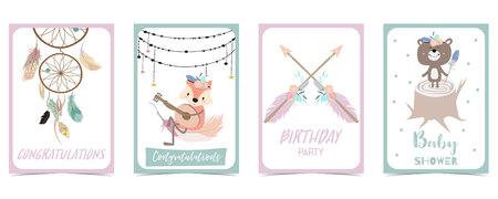 pastel card with feather,bear,foxのイラスト素材