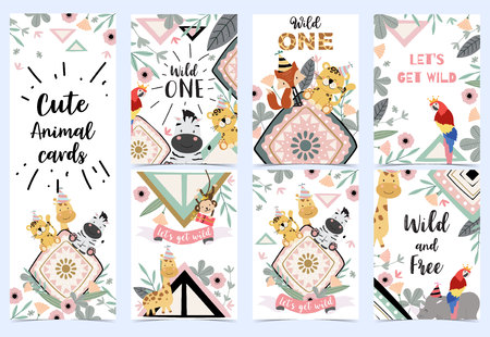 Green birthday card with tiger,parrot, giraffe, zebra and foxのイラスト素材