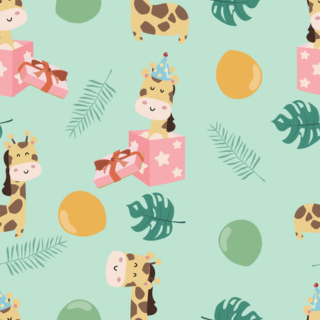 Green pastel seamless pattern with  giraffe smiling,balloon and gift boxのイラスト素材