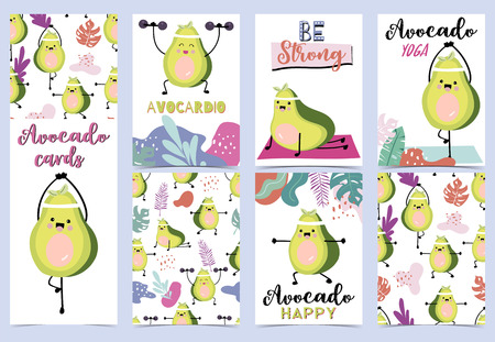 Collection of green avocado set with leaf,avocado exerciseのイラスト素材