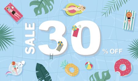 Summer sale background with tiny people,umbrellas, ball,float  in the top view pool.Vector summer bannerのイラスト素材