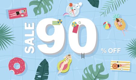 Summer sale background with tiny people,umbrellas, ball,float  in the top view pool.Vector summer bannerのイラスト素材