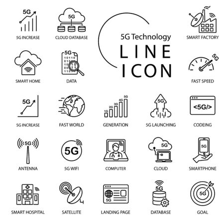 Simple line icon about 5G, Internet of things(IOT)  technology. Include smart factory, wifi,network,cloud and moreのイラスト素材