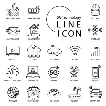 Simple line icon about 5G, Internet of things(IOT)  technology. Include smart home, wifi,network,cloud and moreのイラスト素材