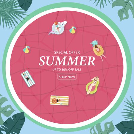 Summer sale background with tiny people,umbrellas, ball,swim ring,sunglasses,hat in the top view pool.Vector summer bannerのイラスト素材