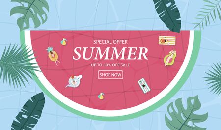 Summer sale background with tiny people,umbrellas, ball,swim ring,sunglasses,hat in the top view pool.Vector summer bannerのイラスト素材
