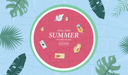 Summer sale background with tiny people,umbrellas, ball,swim ring,sunglasses,hat in the top view pool.Vector summer bannerのイラスト素材