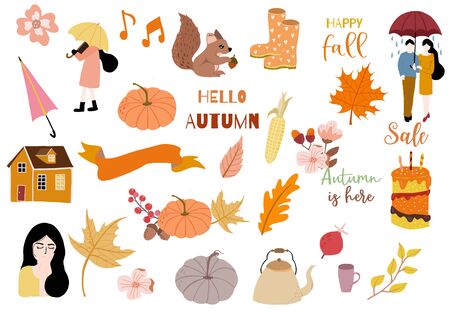 Autumn object collection with pumpkin,squirrel,man,woman.Illustration for sticker,postcard,invitation,element website.Included hello autumn and happy fall wordingのイラスト素材