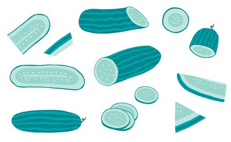 Cute cucumber object collection.Whole, cut in half, sliced on pieces cucumber. Vector illustration for icon, sticker,printableのイラスト素材