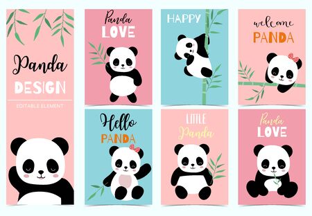 Collection of birthday background set with panda, bamboo. Editable vector illustrationのイラスト素材