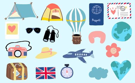 Cute travel collection with luggage, plane, world, balloon, camera, airmail illustrationのイラスト素材