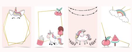 Pink animal collection of unicorn empty frame setのイラスト素材