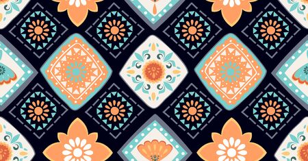 orange green blue geometric seamless pattern in African style with square, tribal, circle shapeのイラスト素材