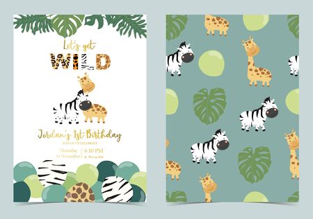 Collection of safari background set with giraffe, balloon, zebra, green. Editable vector illustration for birthday invitation, postcard and sticker. Wording include wild and freeのイラスト素材