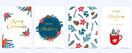 Collection of Christmas background set with holly leaves, flower, wreath. Editable vector illustration for New year invitation, postcard and website bannerのイラスト素材