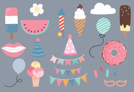 pastel animal unicorn set with unicorn,watermelon,ice cream,donut,flag.Vector illustration for sticker,postcad,birthday invitation.Editable elementのイラスト素材
