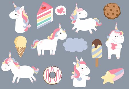 pastel animal unicorn set with unicorn,cake,ice cream,donut.Vector illustration for sticker,postcad,birthday invitation.Editable elementのイラスト素材