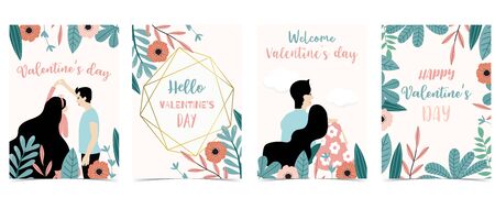 Collection of love background set with leaves, flower, couple. Editable vector illustration for Valentineâs day invitation, postcard and website bannerのイラスト素材