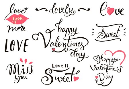 Happy Valentineâs Day typography background with heart.The wording are lovely,love you more,miss youのイラスト素材