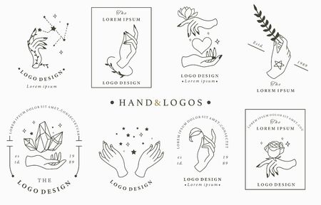 Beauty boho logo collection with hand, rose,crystal,heart,star.Vector illustration for icon,logo,sticker,printable and tattooのイラスト素材