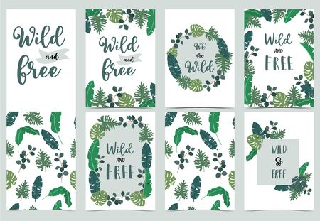 Collection of jungle background set with leaf.Editable vector illustration for birthday invitation, postcard and sticker.Wording include wild and freeのイラスト素材