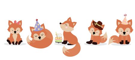 Cute fox character are standing,sitting and sleeping. Vector illustration for birthday invitation,postcard and sticker.Editable elementのイラスト素材