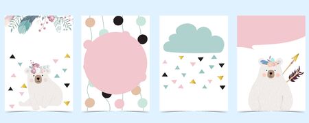 Pink green gold geometry baby shower invitation with bear,rose,flower,feather. Vector birthday invitation for kid and baby.Editable elementのイラスト素材