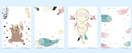 Pink green gold geometry baby shower invitation with bear, feather. Vector birthday invitation for kid and baby. Editable elementのイラスト素材