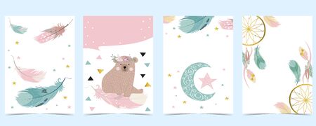 Pink green gold geometry baby shower invitation with bear,feather. Vector birthday invitation for kid and baby.Editable elementのイラスト素材