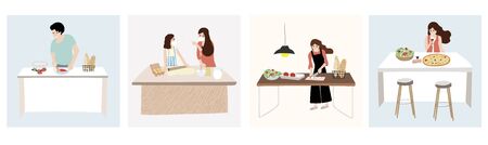 People is cooking at home.Woman and man at home in quarantineのイラスト素材